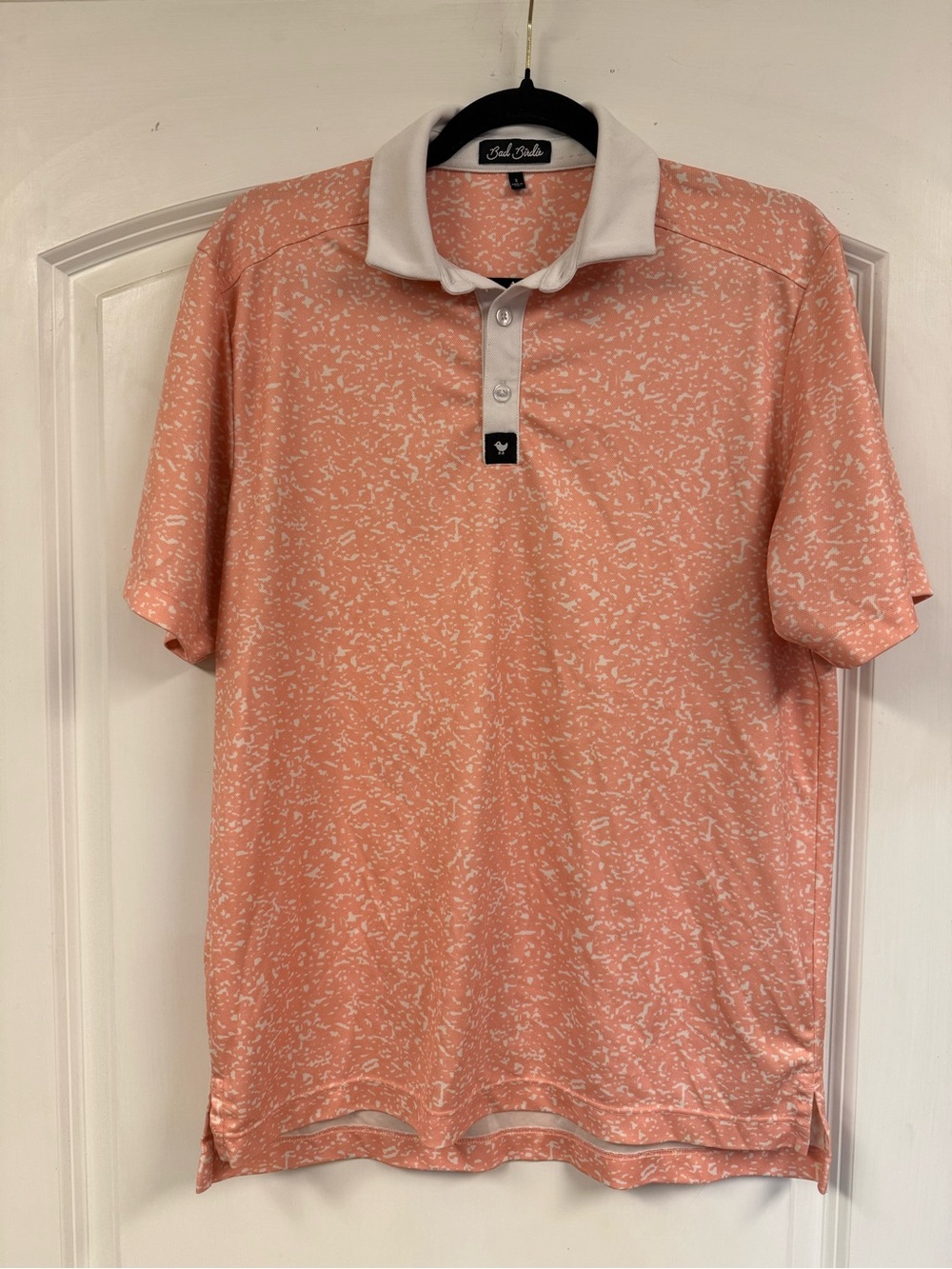 Bad Birdie Men’s Golf Polo Small Coral Pink White Print Performance Shirt